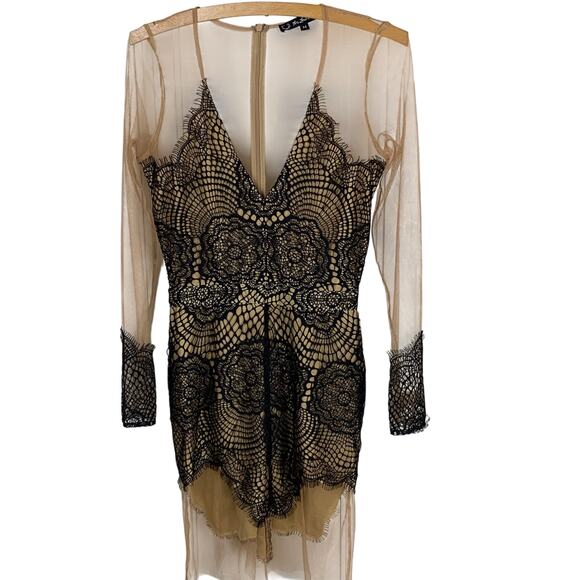 For Love & Lemons Antigua Black Lace Nude Sheer Mesh Mini Dress Size M - Picture 2 of 9